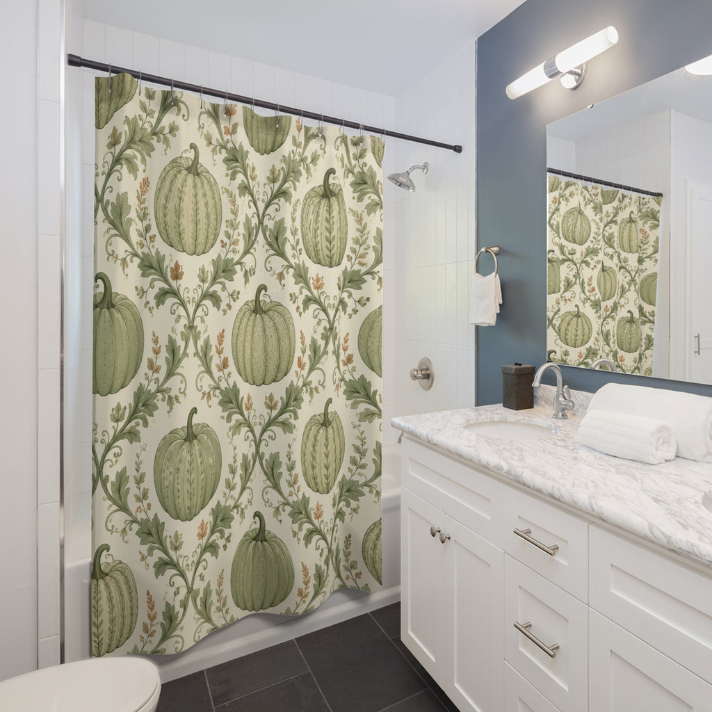 Sage green pumpkin and vine lattice shower curtain beside a white vanity