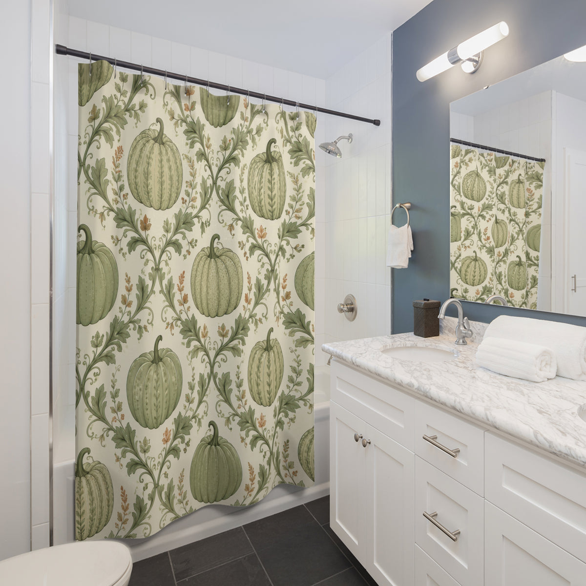 Sage green pumpkin and vine lattice shower curtain beside a white vanity