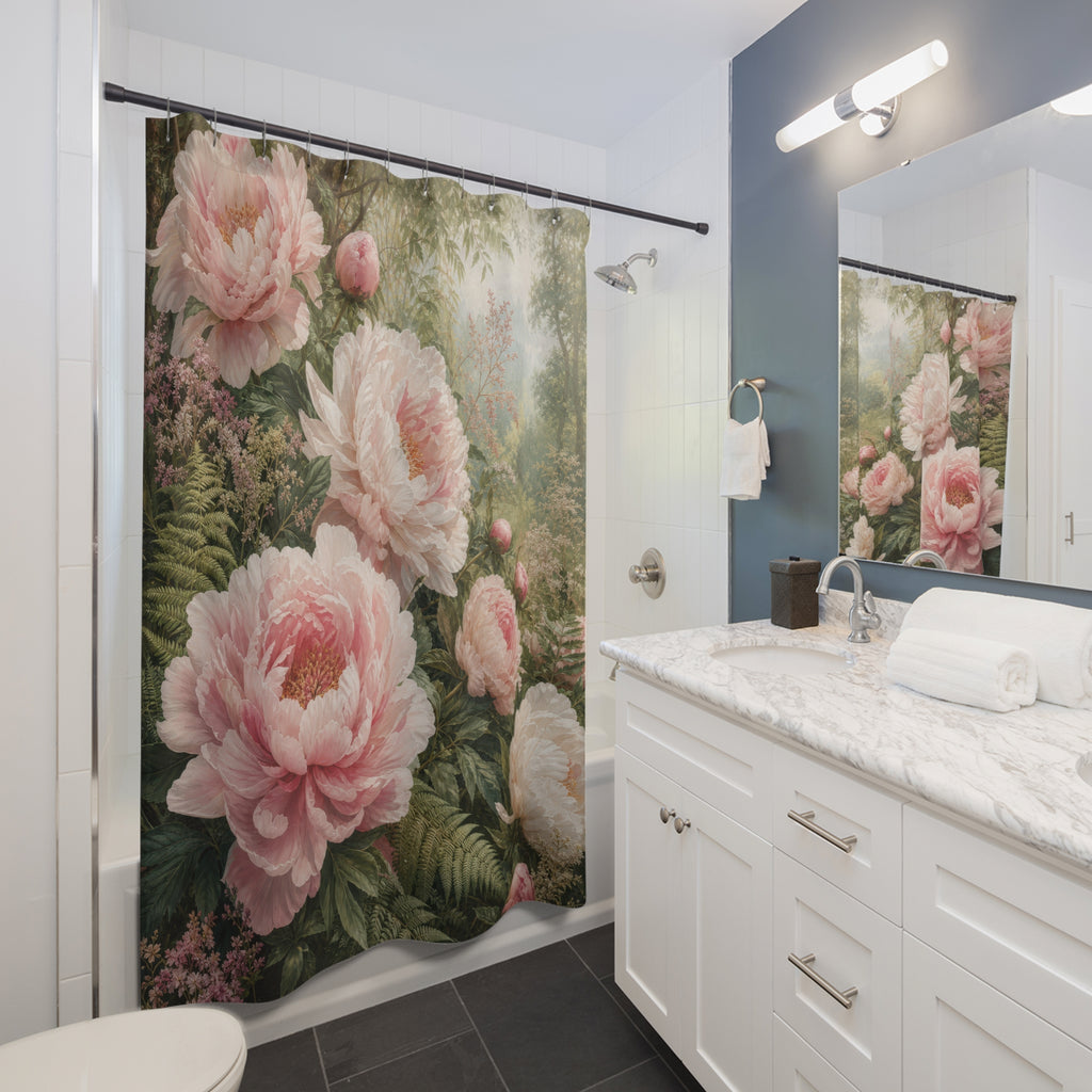 Peony Fern Woodland Edge Shower Curtain