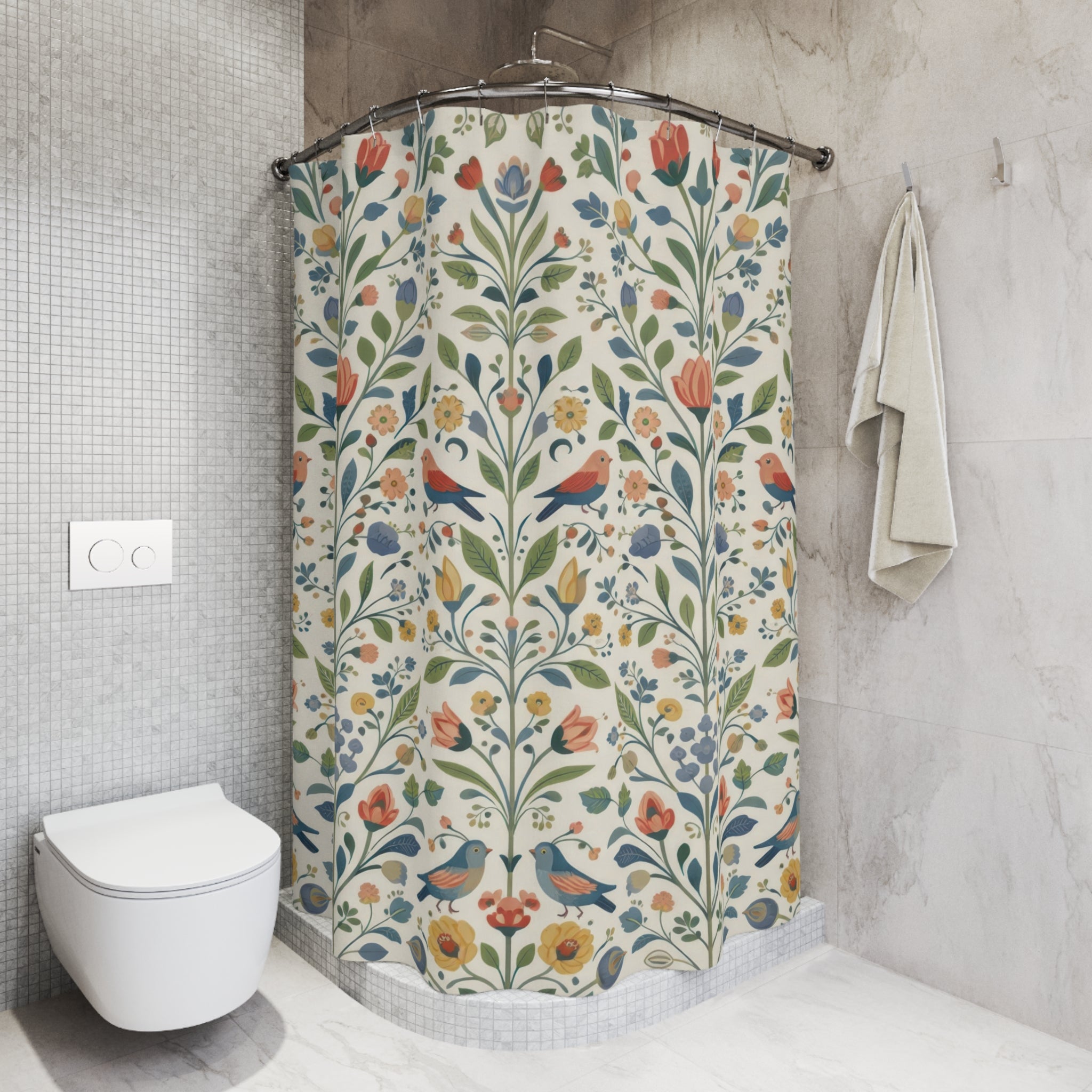 Scandinavian Folk Bird Shower Curtain – Blue and Coral