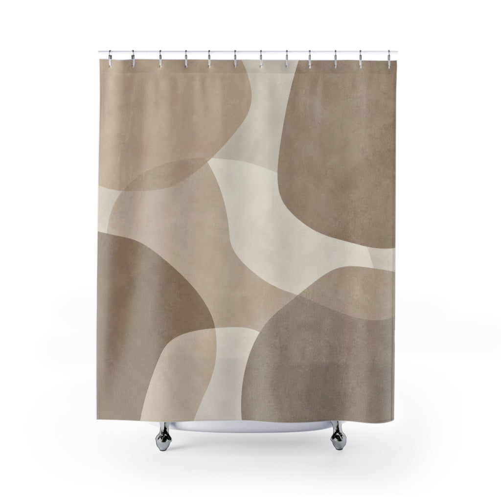 Abstract Shower Curtain, Taupe Stone Neutral Pebble Shapes, Grey Beige Bathroom Decor, Soft Modern Guest Bath Organic Spa Style