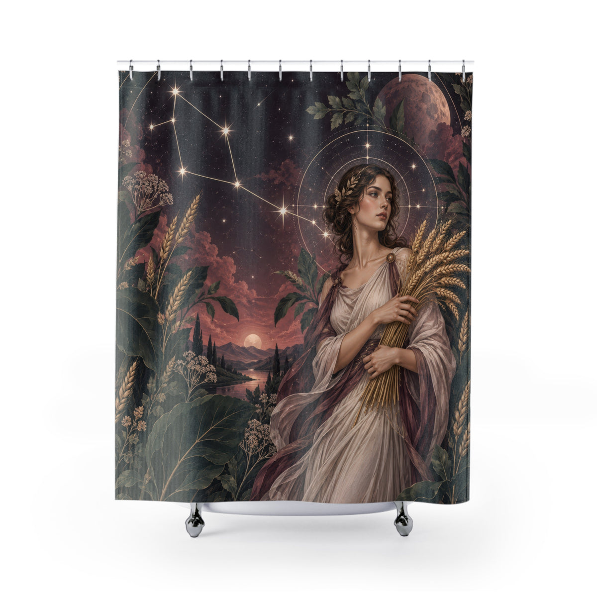 Virgo harvest maiden beside a moonlit river shower curtain with full front view