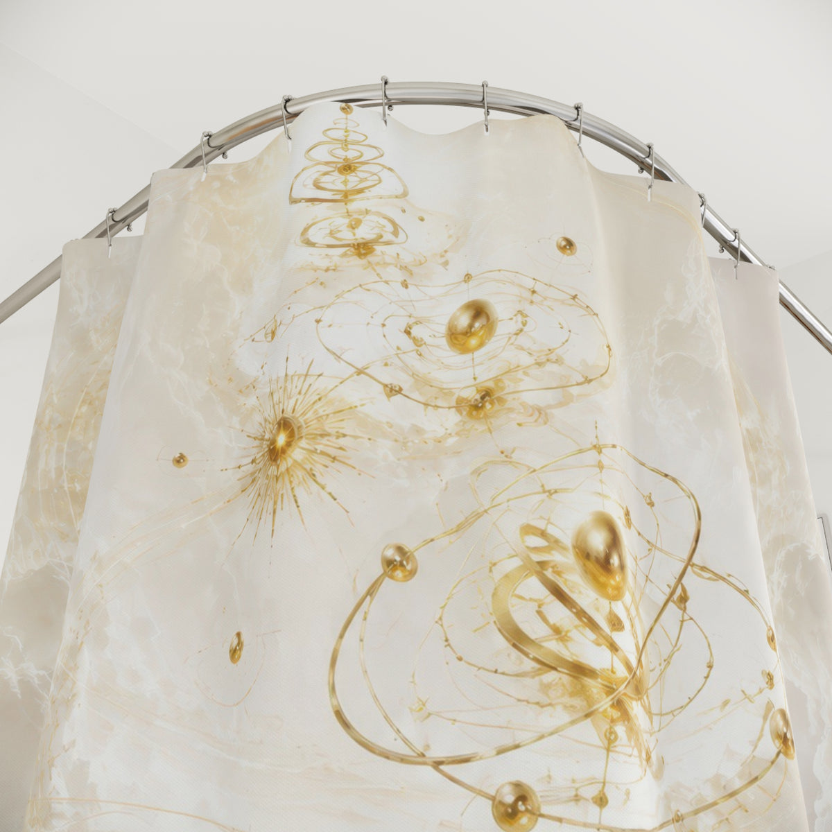 Gold celestial orrery with sun moons and stars shower curtain with close-up print, hooks, and folds