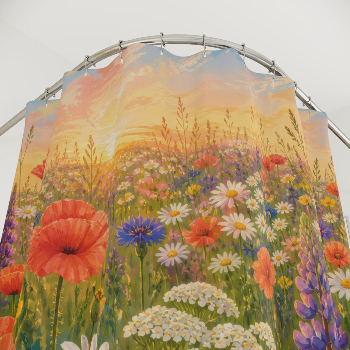 Sunset wild flower meadow with poppies lupines and daisies shower curtain with close-up print, hooks, and folds