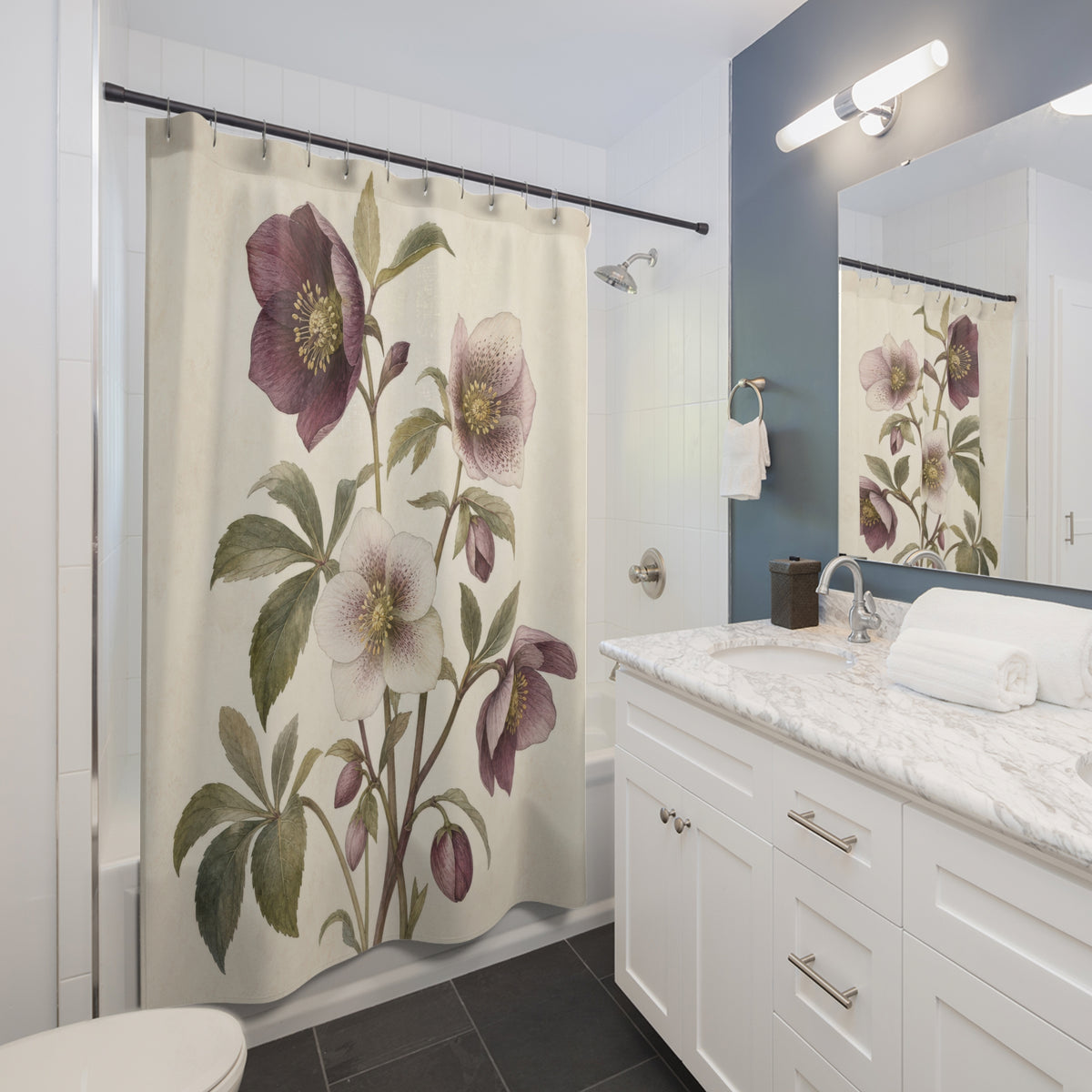Soft Plum Purple Botanical Floral shower curtain beside a white vanity