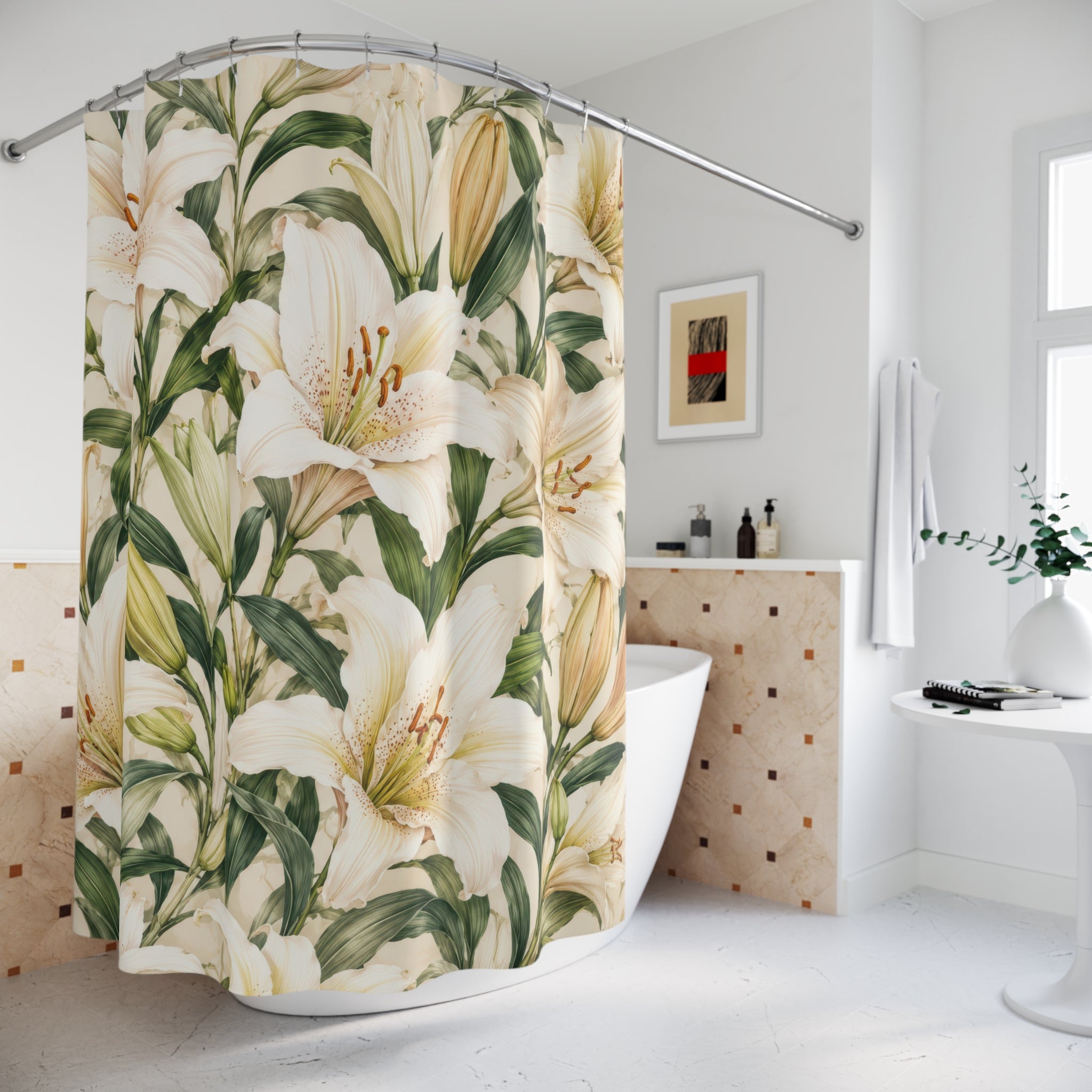 White Lily Shower Curtain: Cream Botanical