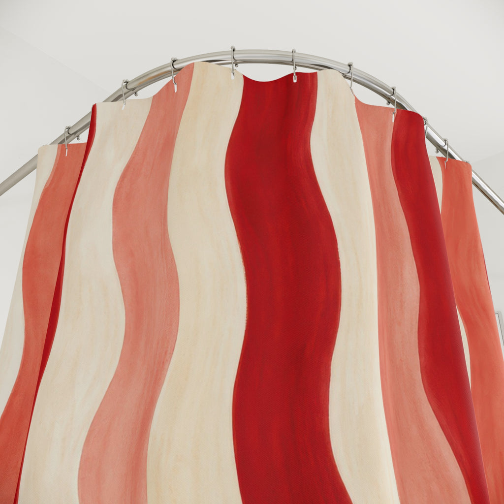 Wavy Red Ribbon Shower Curtain, Red Ivory Modern Bathroom Decor, Modern Stripe Bath Curtain, Guest Bath Decor, Small Bathroom Decor