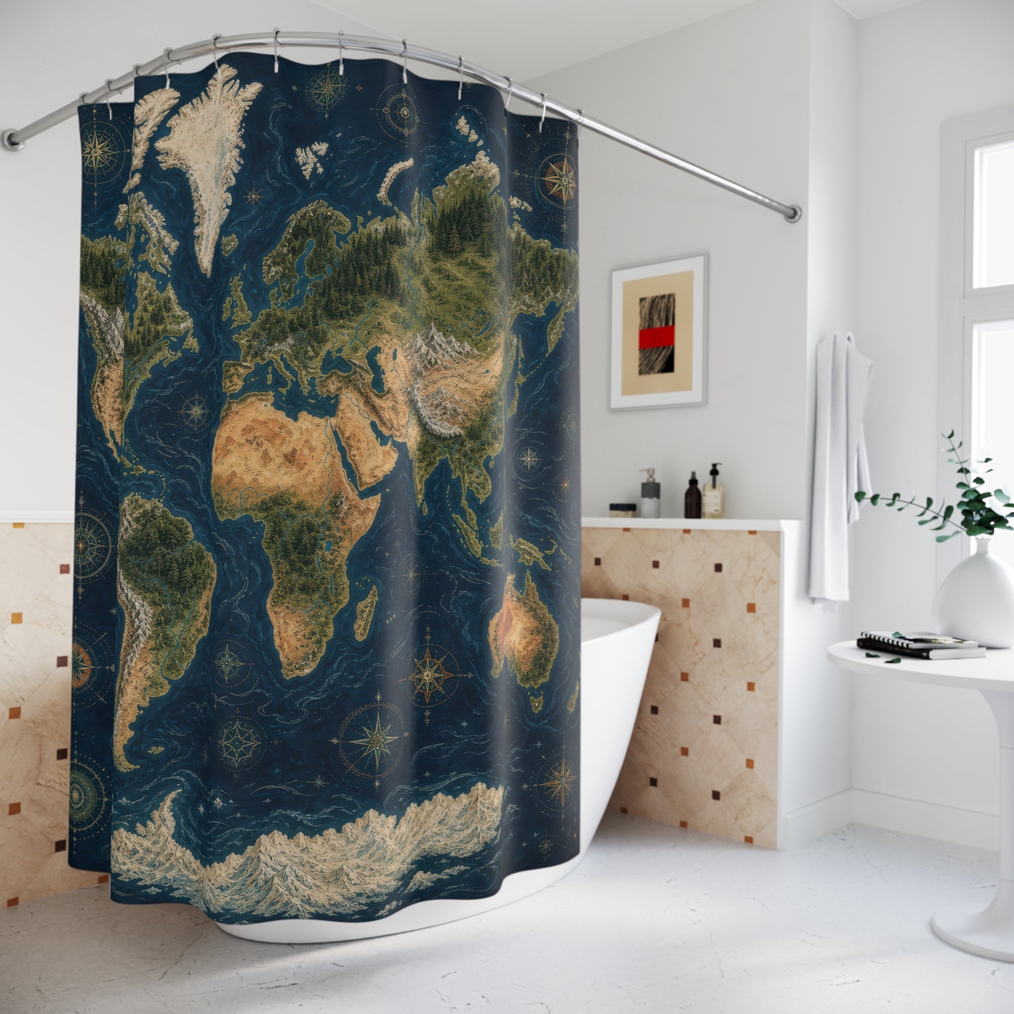 World Map Shower Curtain, Illustrated Botanical Atlas
