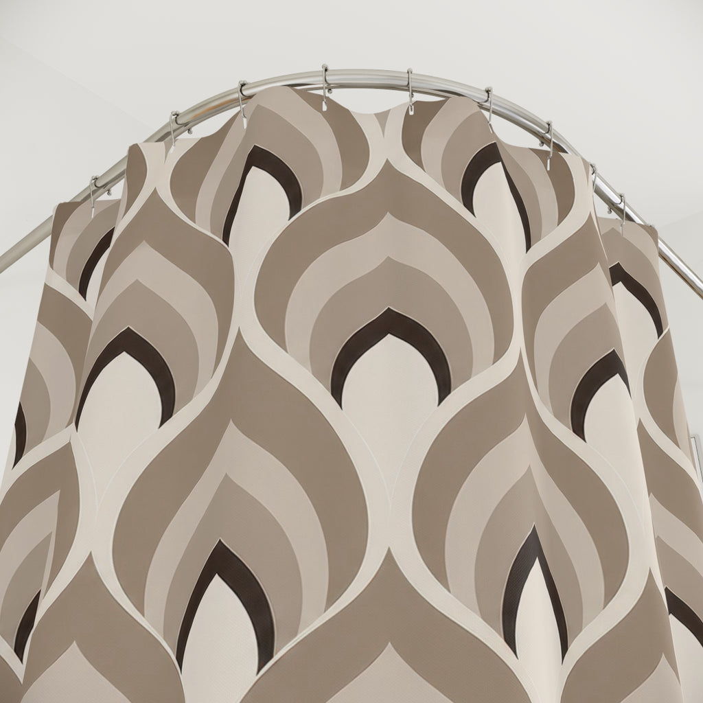Nested taupe and mushroom ogee fan geometric pattern shower curtain with close-up print, hooks, and folds