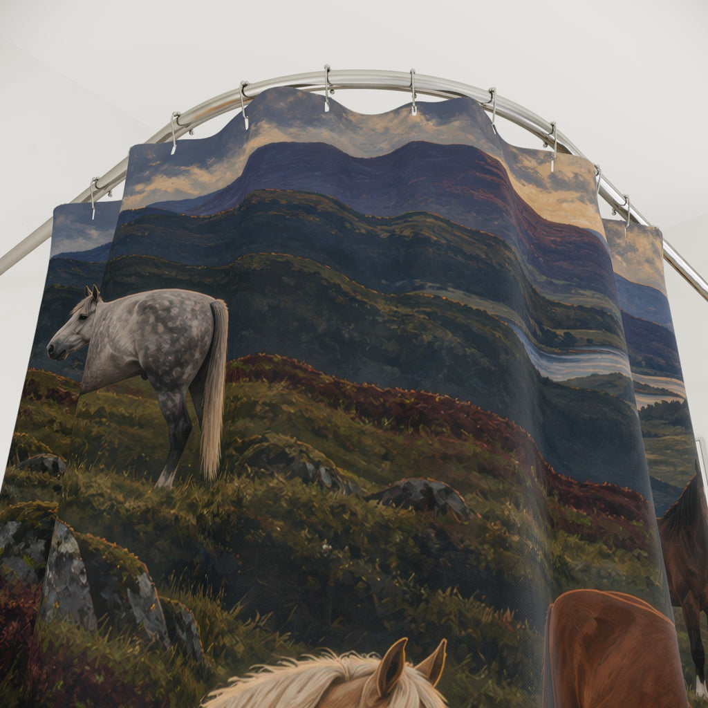 Four horses on green moorland above a distant lake shower curtain with close-up print, hooks, and folds
