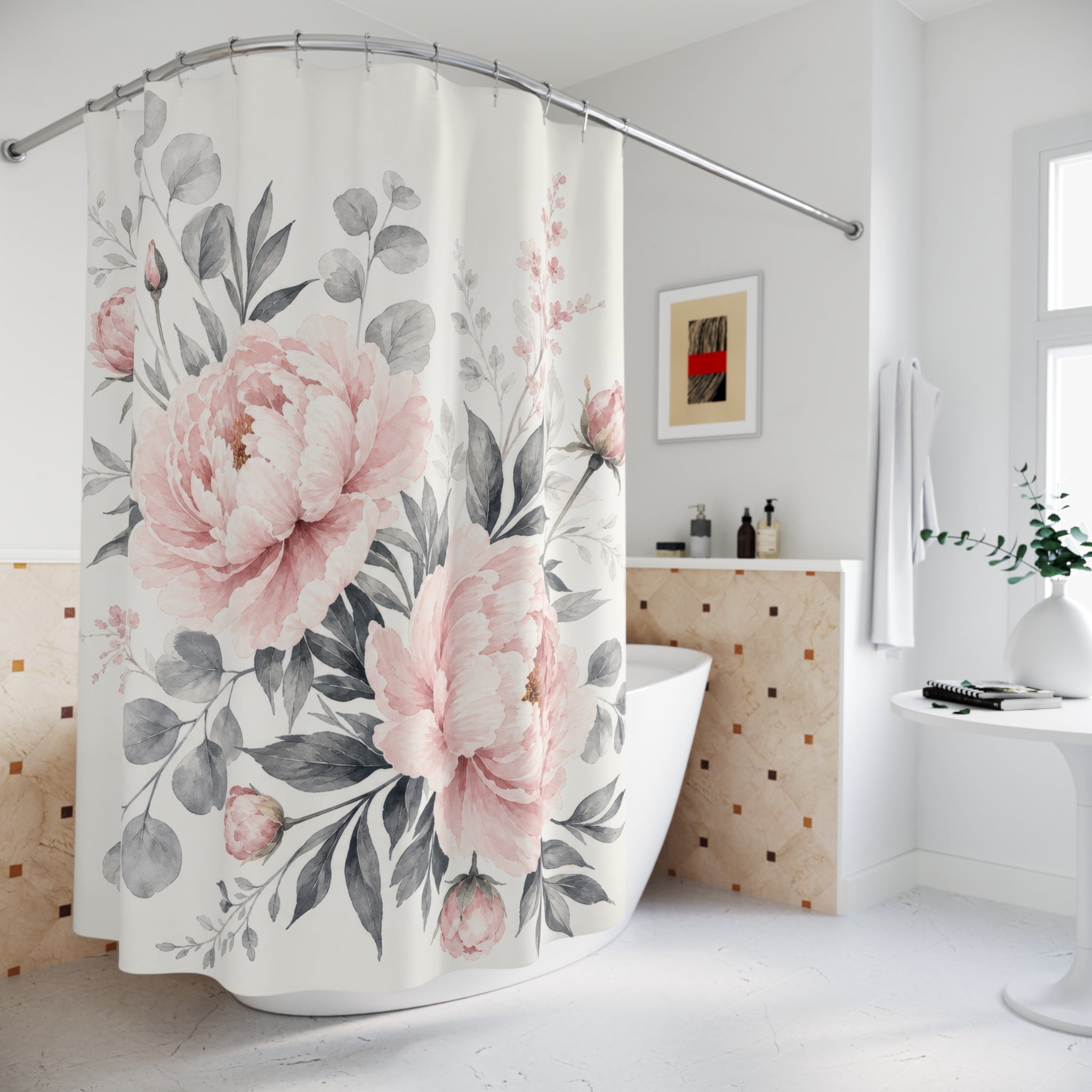 Gray Pink Floral Shower Curtain: Gray Pink Shower Curtain