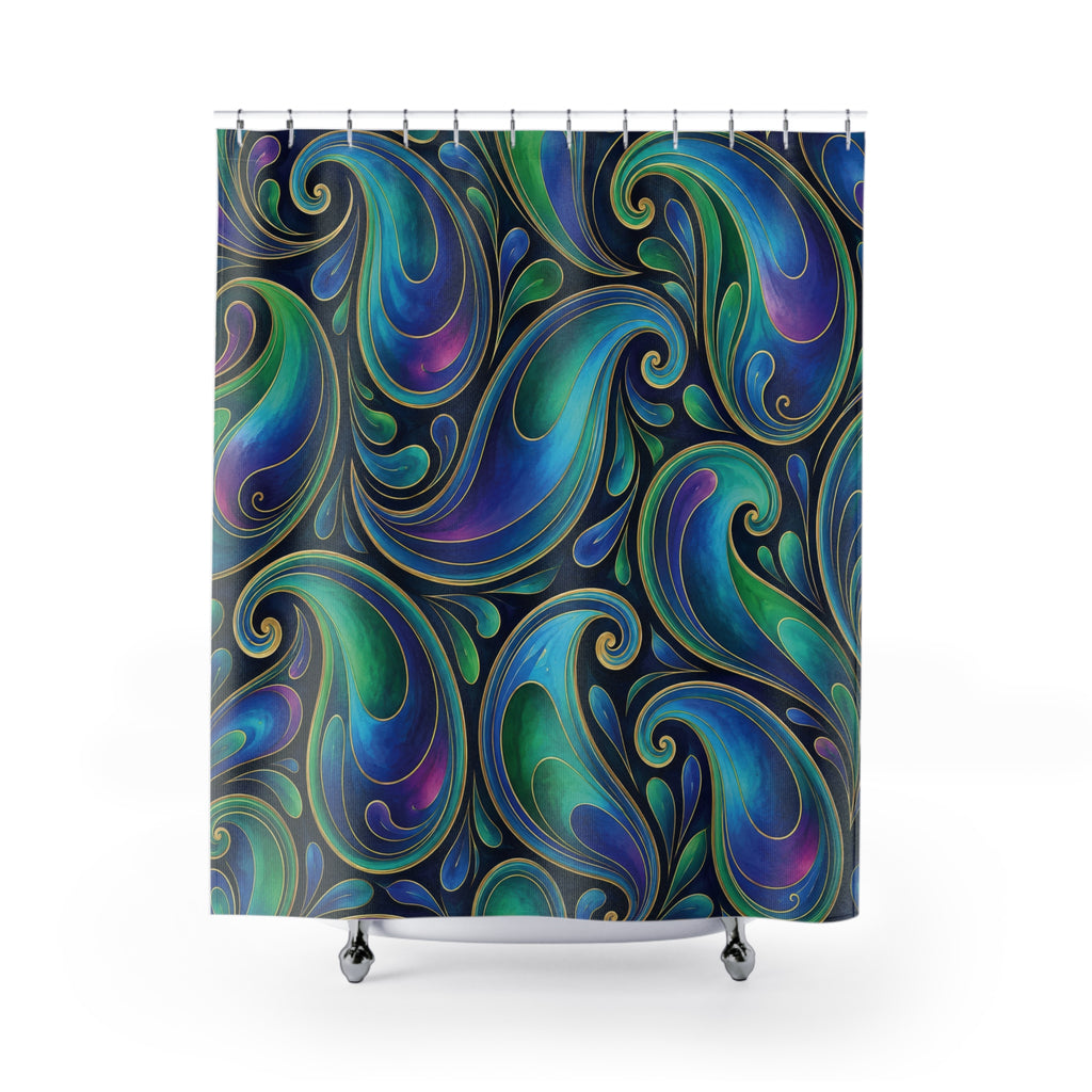 Iridescent teal and violet paisleys with gold-tone outlines shower curtain with full front view