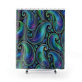 Iridescent teal and violet paisleys with gold-tone outlines shower curtain with full front view