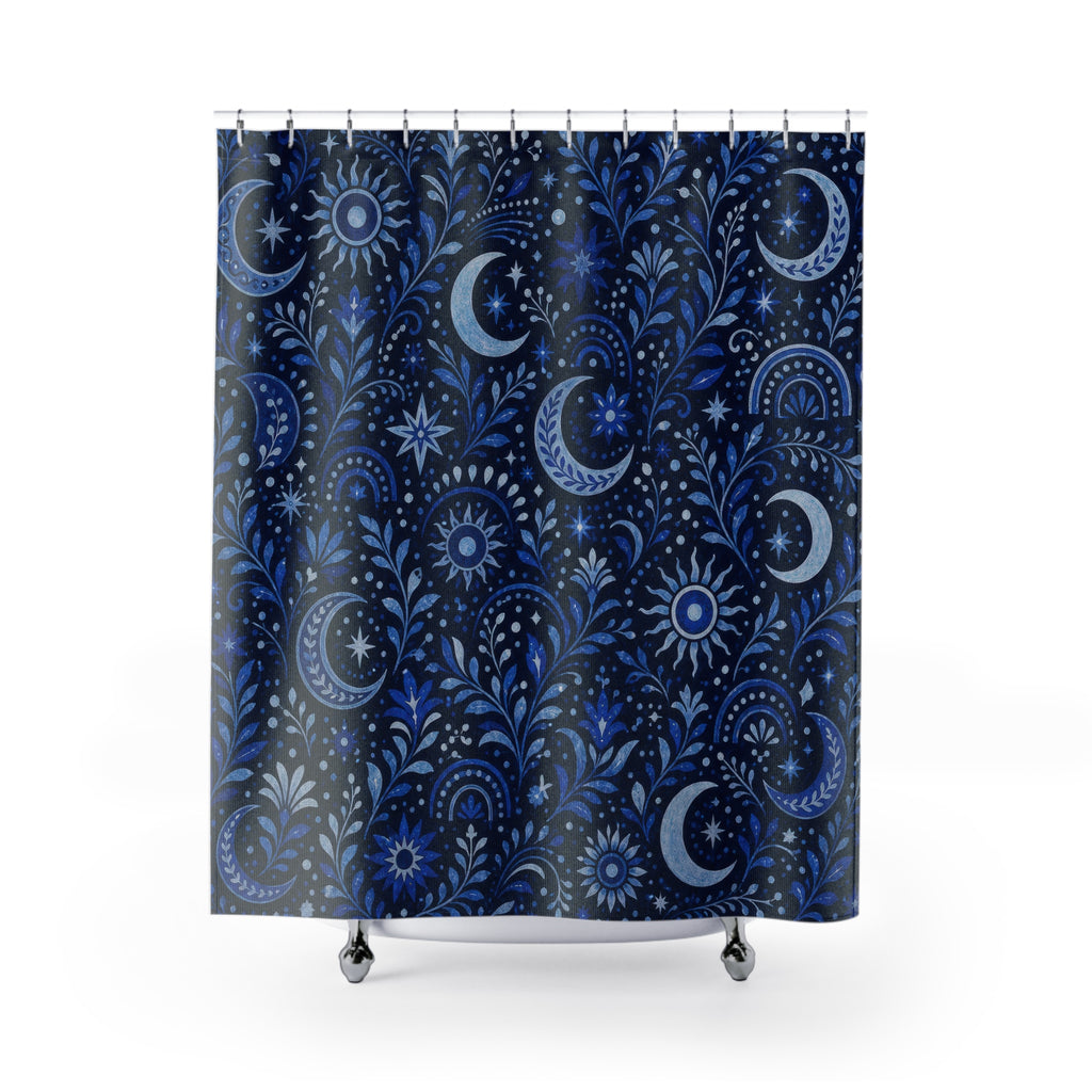 Navy Celestial Shower Curtain, Navy Blue Moon Bathroom Decor, Celestial Floral Bath Curtain, Guest Bath Decor, Small Bathroom Decor