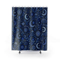 Navy Celestial Shower Curtain, Navy Blue Moon Bathroom Decor, Celestial Floral Bath Curtain, Guest Bath Decor, Small Bathroom Decor