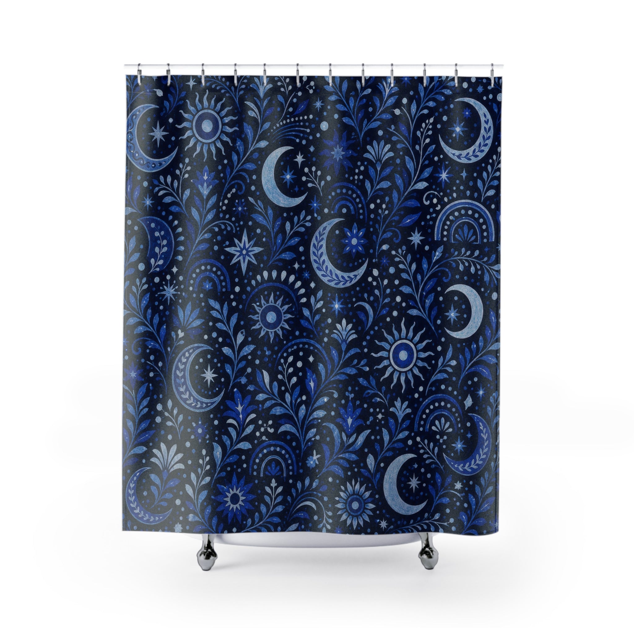 Navy Celestial Shower Curtain, Navy Blue Moon Bathroom Decor, Celestial Floral Bath Curtain, Guest Bath Decor, Small Bathroom Decor