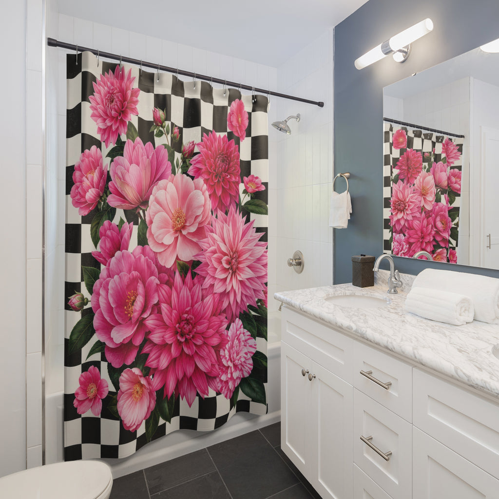 Magenta dahlias on black and white checks shower curtain beside a white vanity