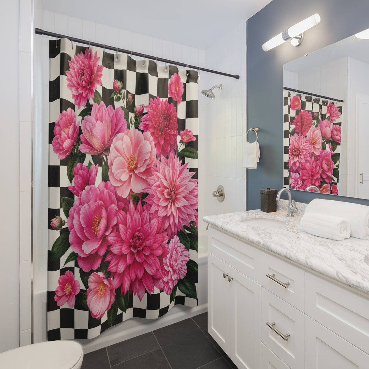 Magenta dahlias on black and white checks shower curtain beside a white vanity