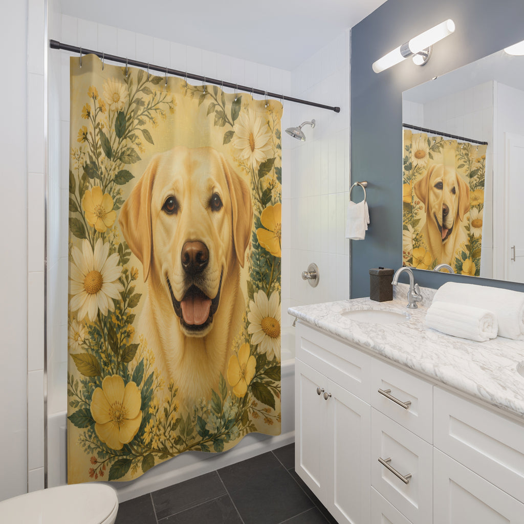 Yellow Labrador portrait framed by cream daisies shower curtain beside a white vanity