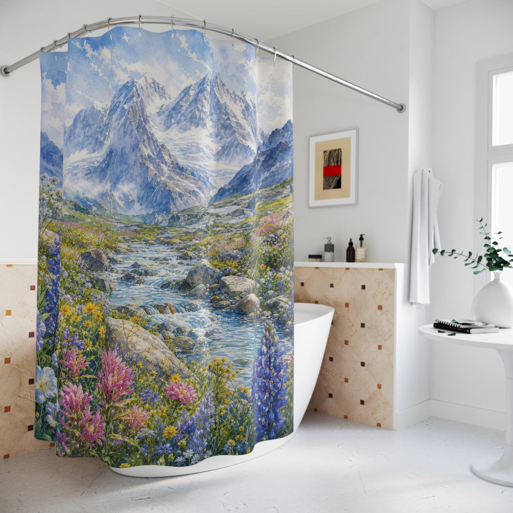 Watercolor Alpine Meadow Stream Shower Curtain