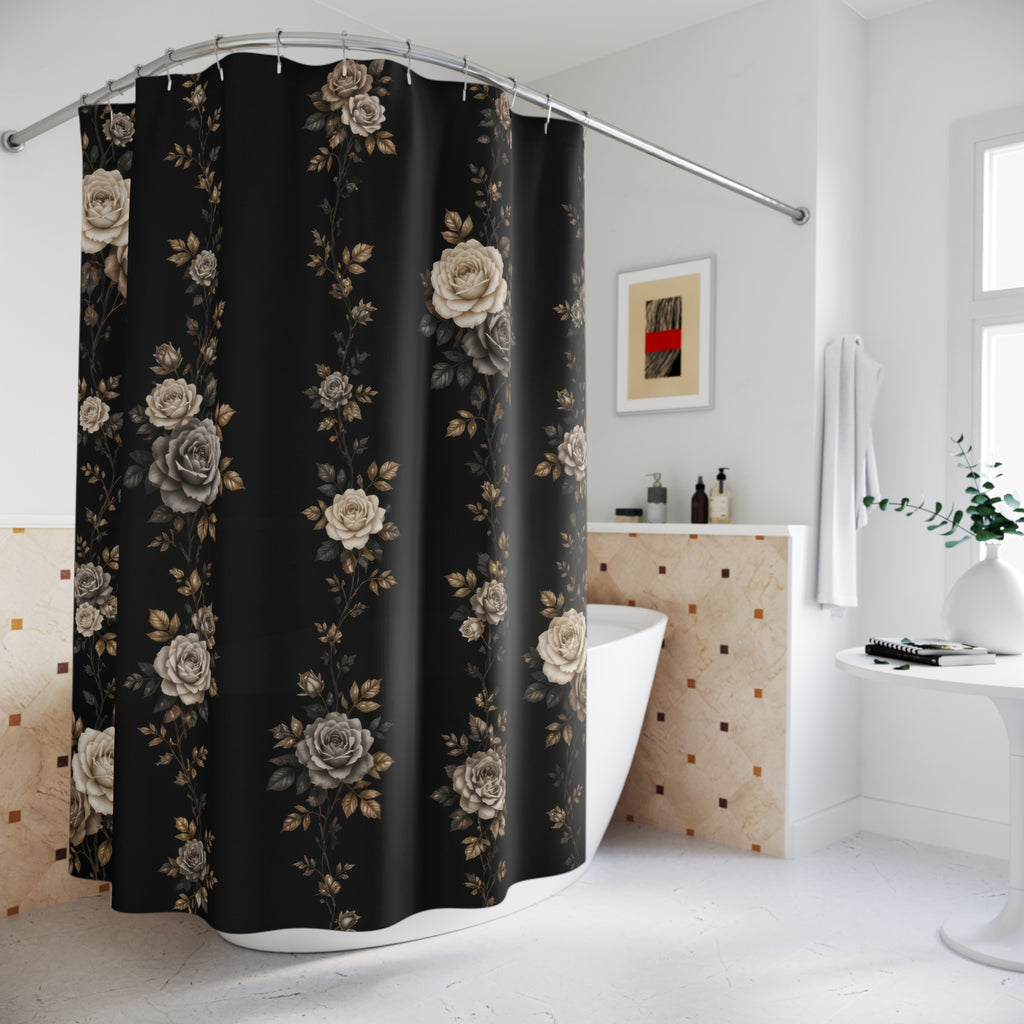 Ivory taupe and grey rose garland columns on deep black shower curtain styled beside a freestanding tub