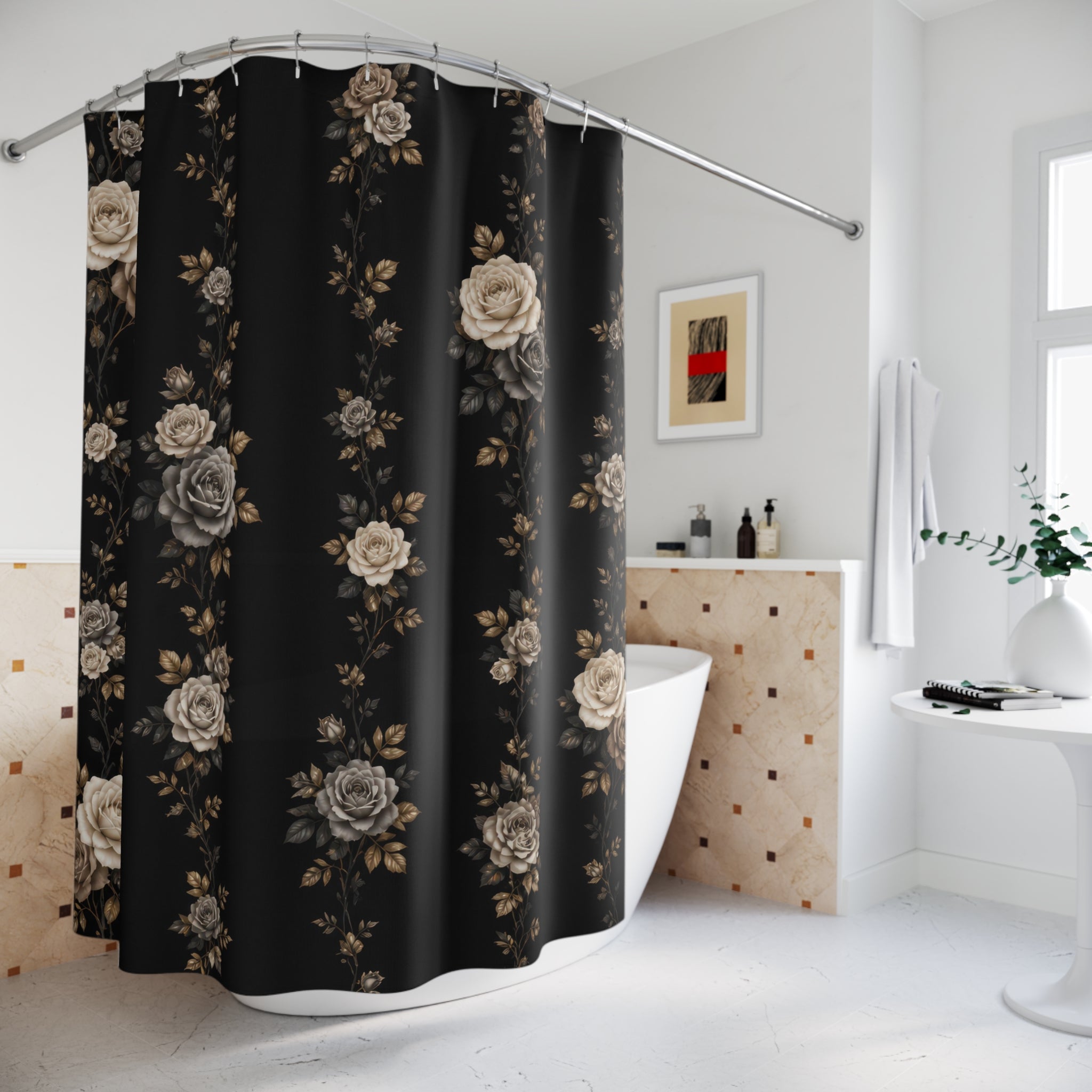 Ivory taupe and grey rose garland columns on deep black shower curtain styled beside a freestanding tub