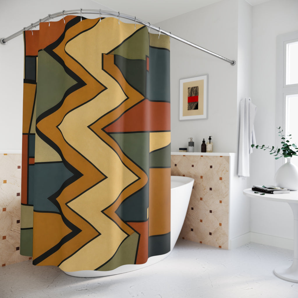 Ochre rust and sage central zigzag spine with compartments shower curtain beside a freestanding tub