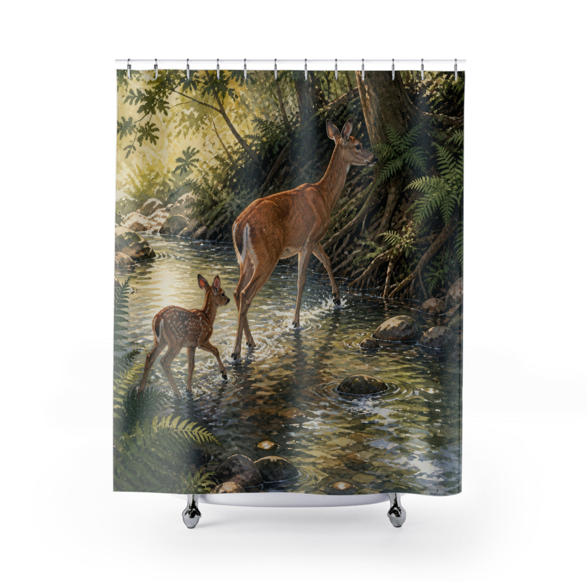 Doe and fawn crossing a sunlit woodland creek shower curtain with full front view