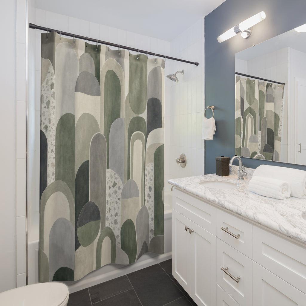 Green Grey Geometric Shower Curtain, Green Grey Modern Bathroom Decor, Geometric Pattern Bath Curtain, Guest Bath Decor, Home Decor