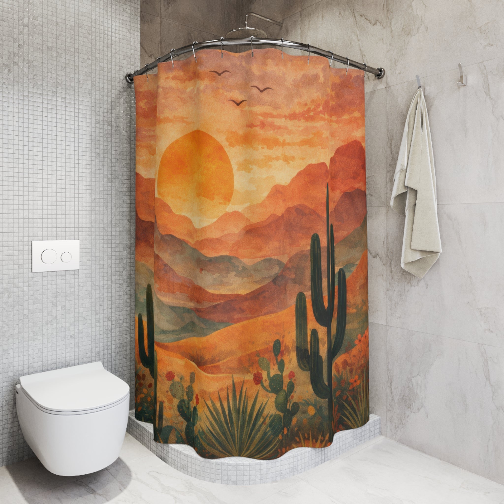Boho Desert Cactus Shower Curtain – Terracotta Sunset