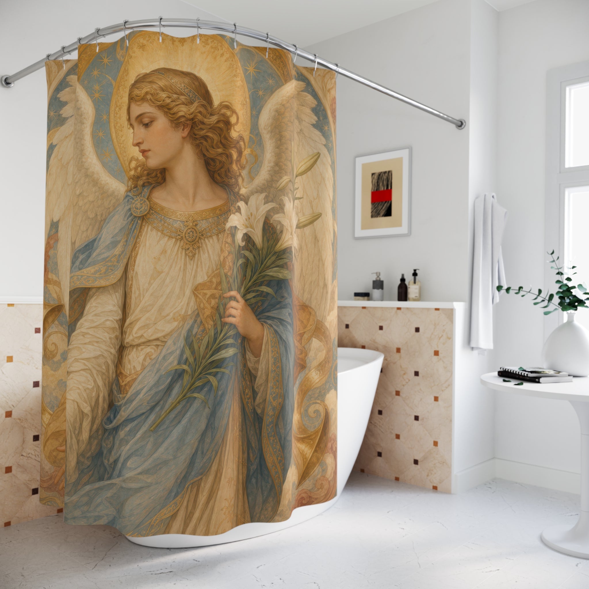 Archangel Gabriel Shower Curtain, Messenger Angel With Lilies, Blue White Renaissance Spiritual Bathroom Decor, Devotional Art, Lily Art