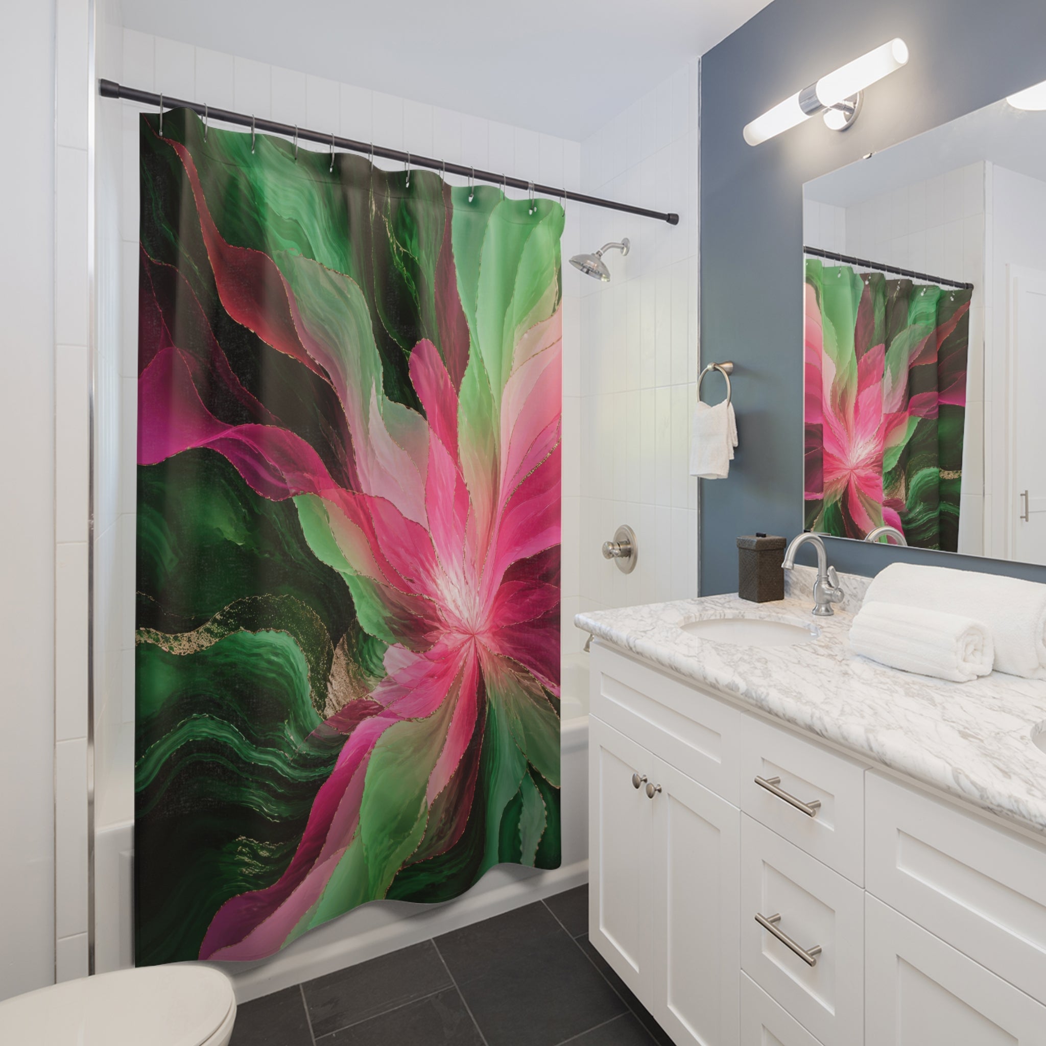 Green and pink radiating jewel bloom shower curtain beside a white vanity
