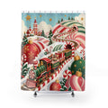 Toy train crossing peppermint-striped Christmas hills shower curtain with full front view