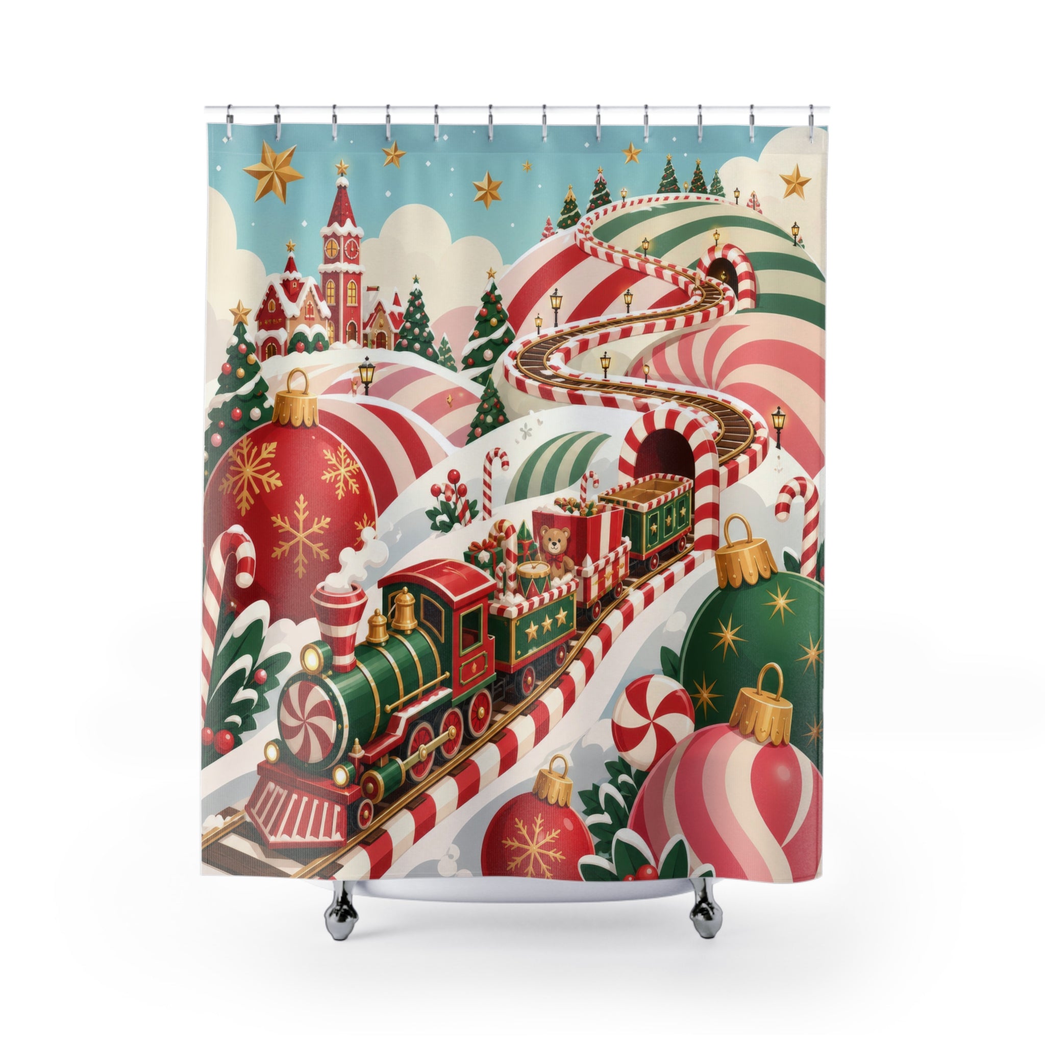 Toy train crossing peppermint-striped Christmas hills shower curtain with full front view