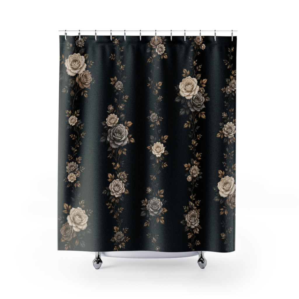 Ivory taupe and grey rose garland columns on deep black shower curtain, full front view