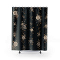 Ivory taupe and grey rose garland columns on deep black shower curtain, full front view