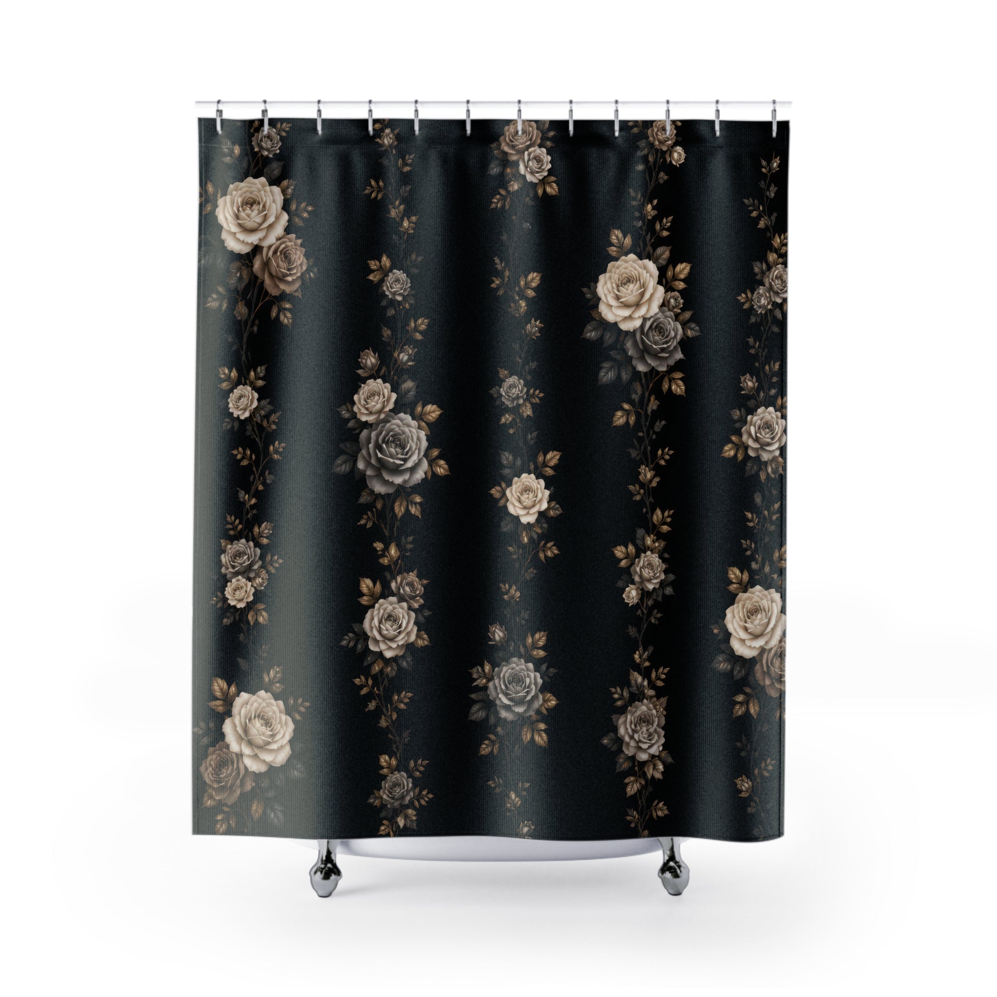 Ivory taupe and grey rose garland columns on deep black shower curtain, full front view
