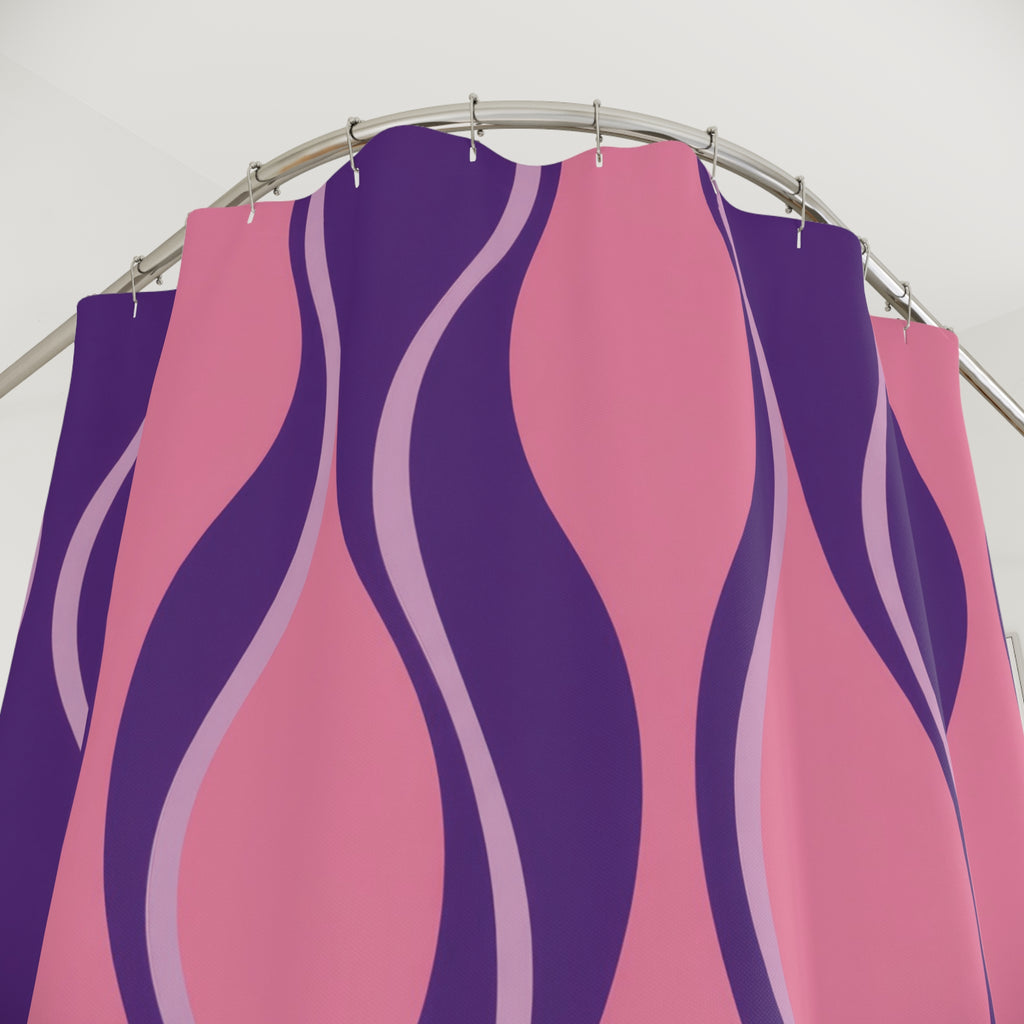 Pink and grape purple hourglass stripes with lilac lines shower curtain with close-up print, hooks, and folds