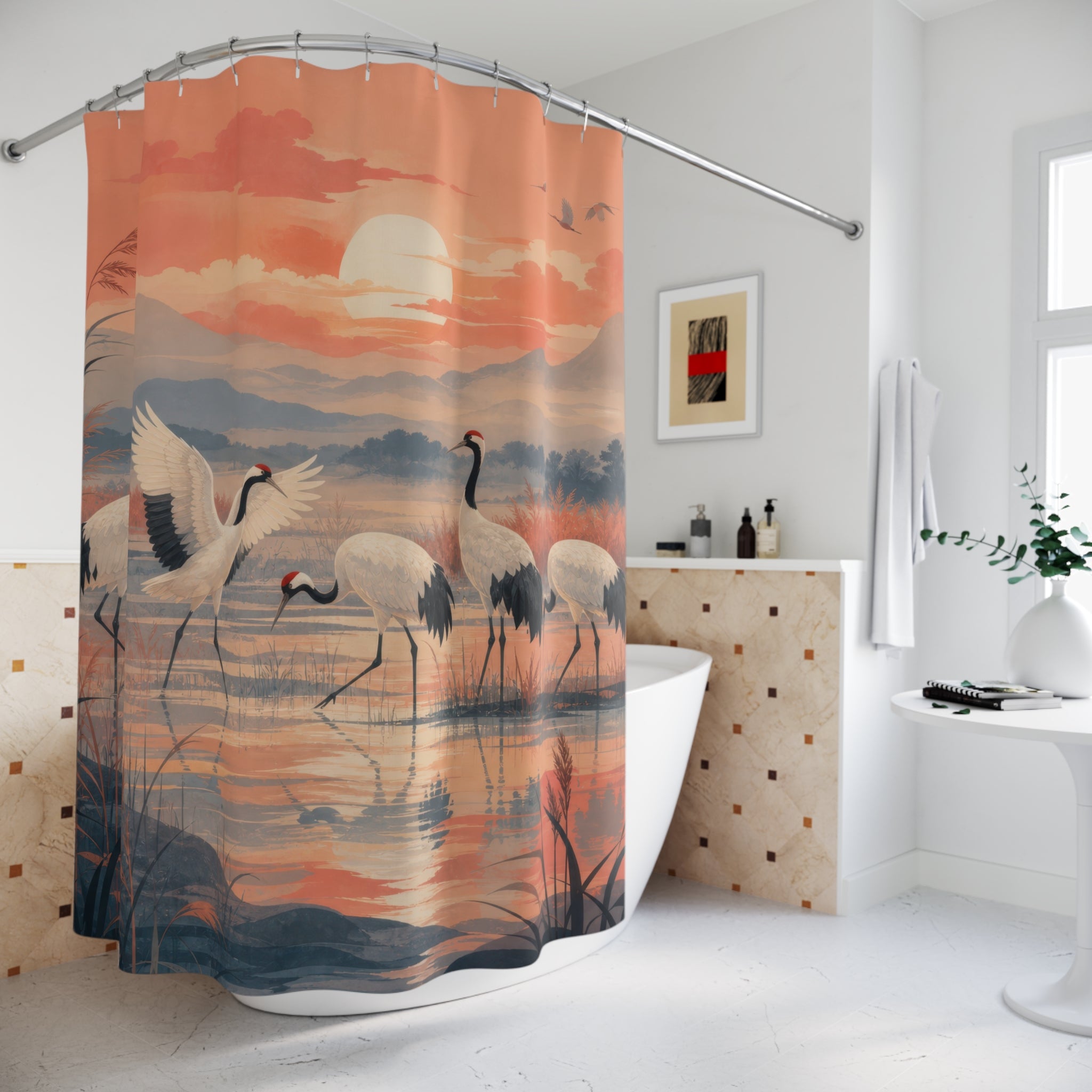 Elegant cranes crossing a coral sunrise wetland panorama shower curtain styled beside a freestanding tub