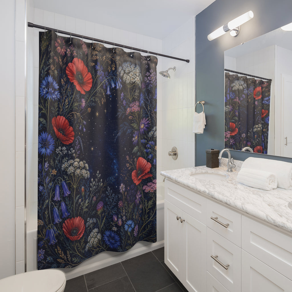 Midnight wild flower border with red poppies and blue cornflowers shower curtain beside a white vanity