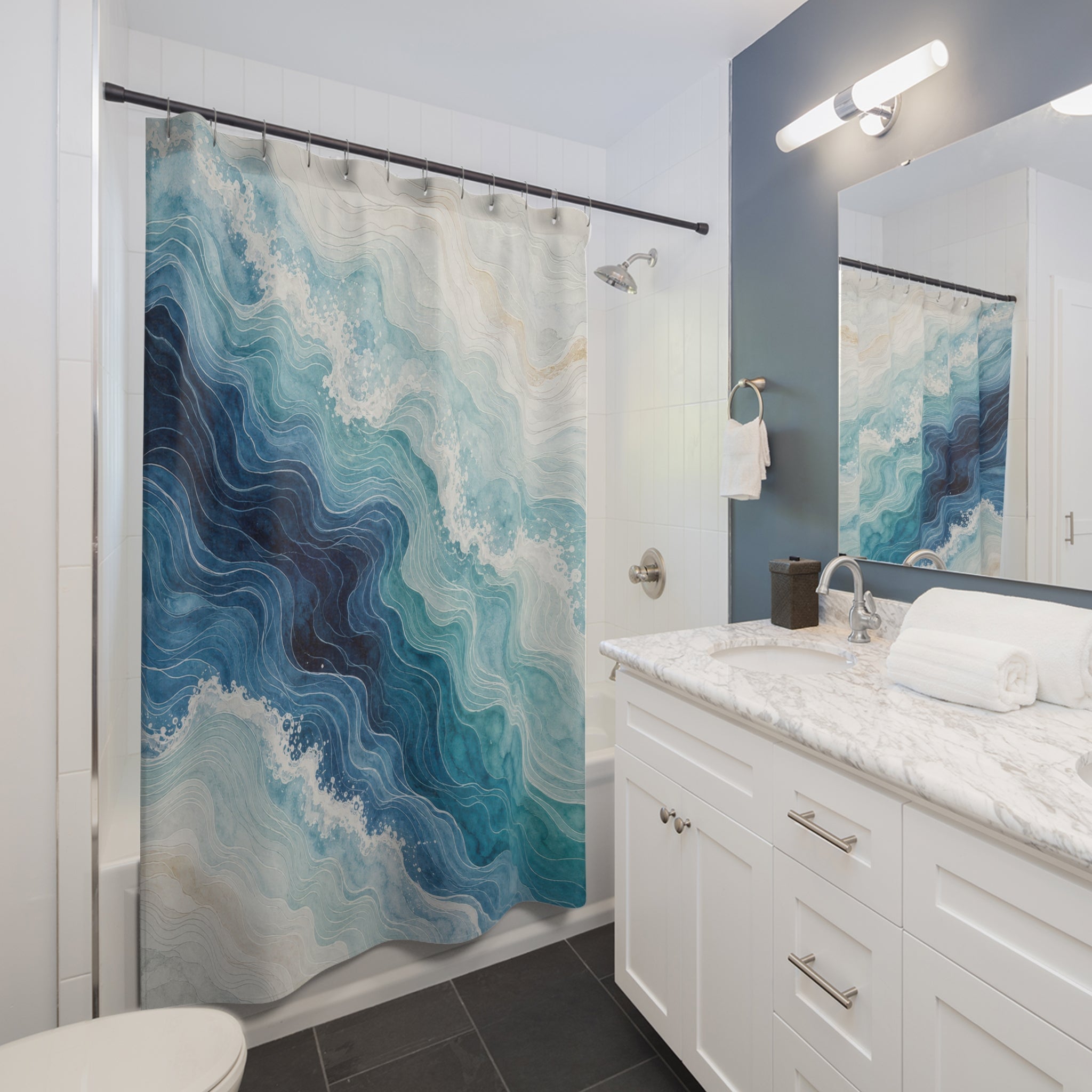 Blue Wave Watercolor Abstract Shower Curtain