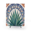 Green agave in a cobalt ornamental arch shower curtain with full front view