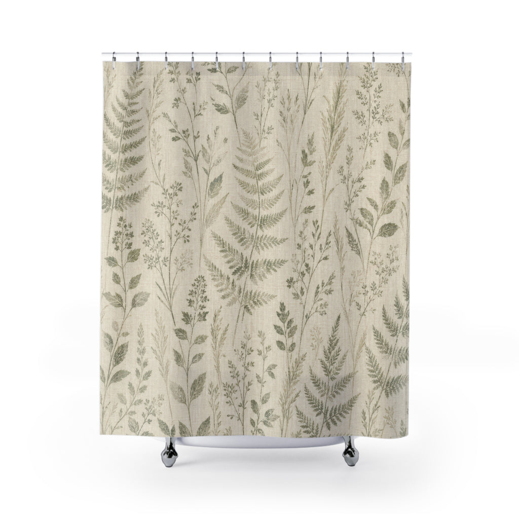 Botanical Shower Curtain, Neutral Fern Bath Decor, Rustic Farmhouse Leaf Pattern, Cream Guest Bathroom Decor, Soft Sage Style Decor