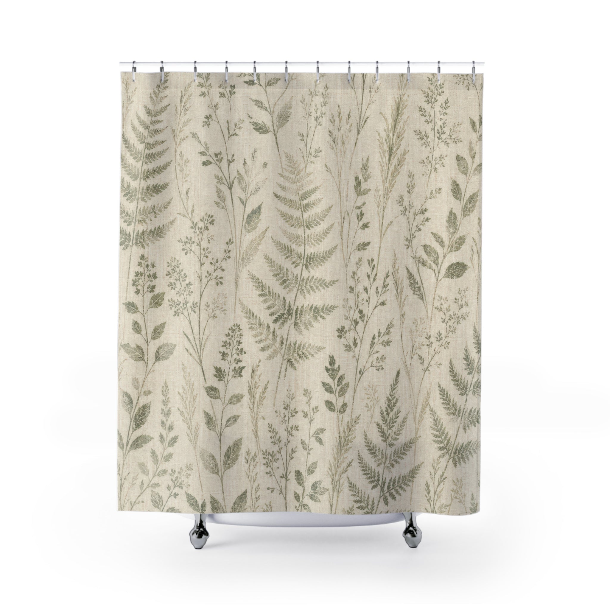 Botanical Shower Curtain, Neutral Fern Bath Decor, Rustic Farmhouse Leaf Pattern, Cream Guest Bathroom Decor, Soft Sage Style Decor
