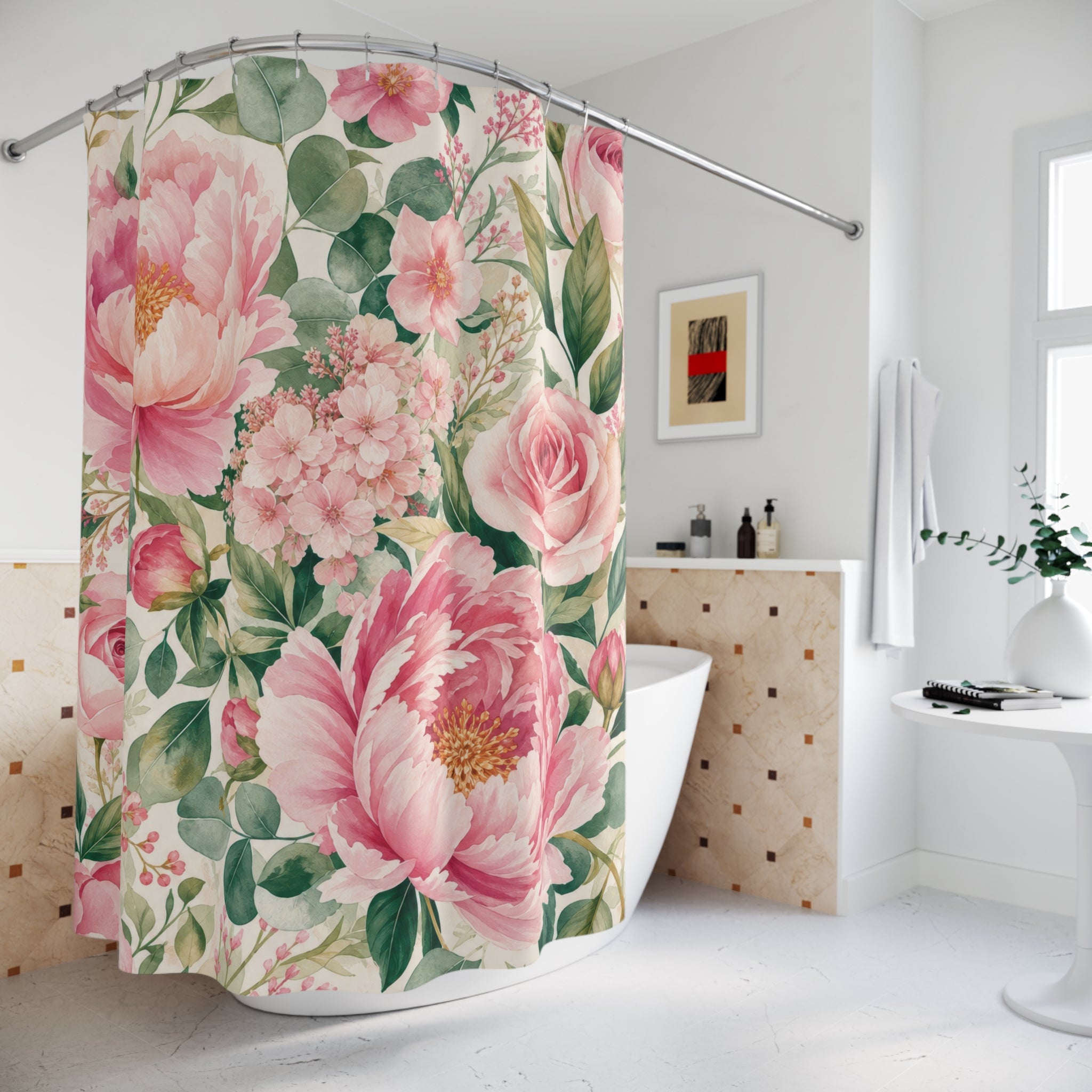 Pink and Green Shower Curtain: Rose Garden Floral Pattern