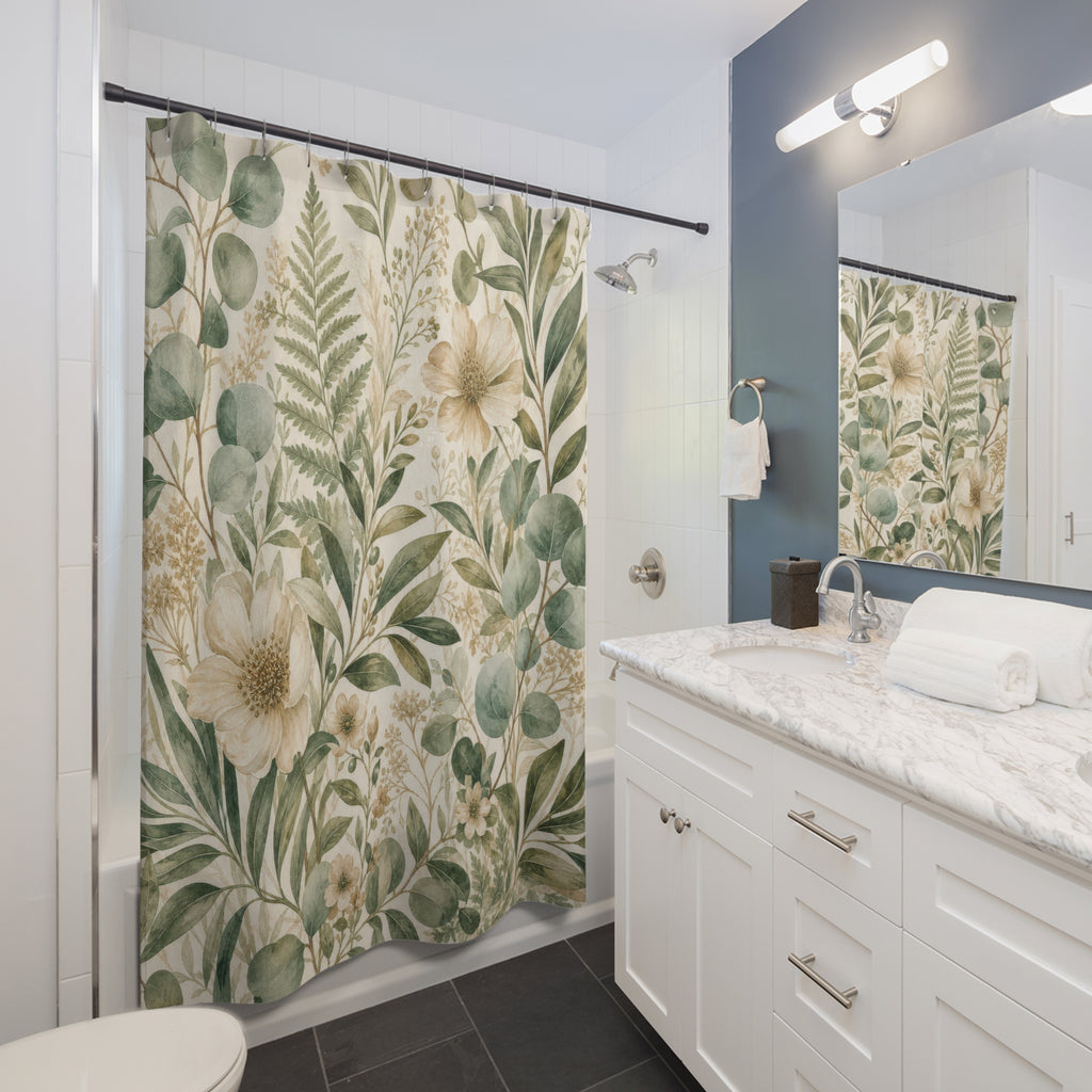 Green and Beige Shower Curtain: Botanical Leaf Pattern