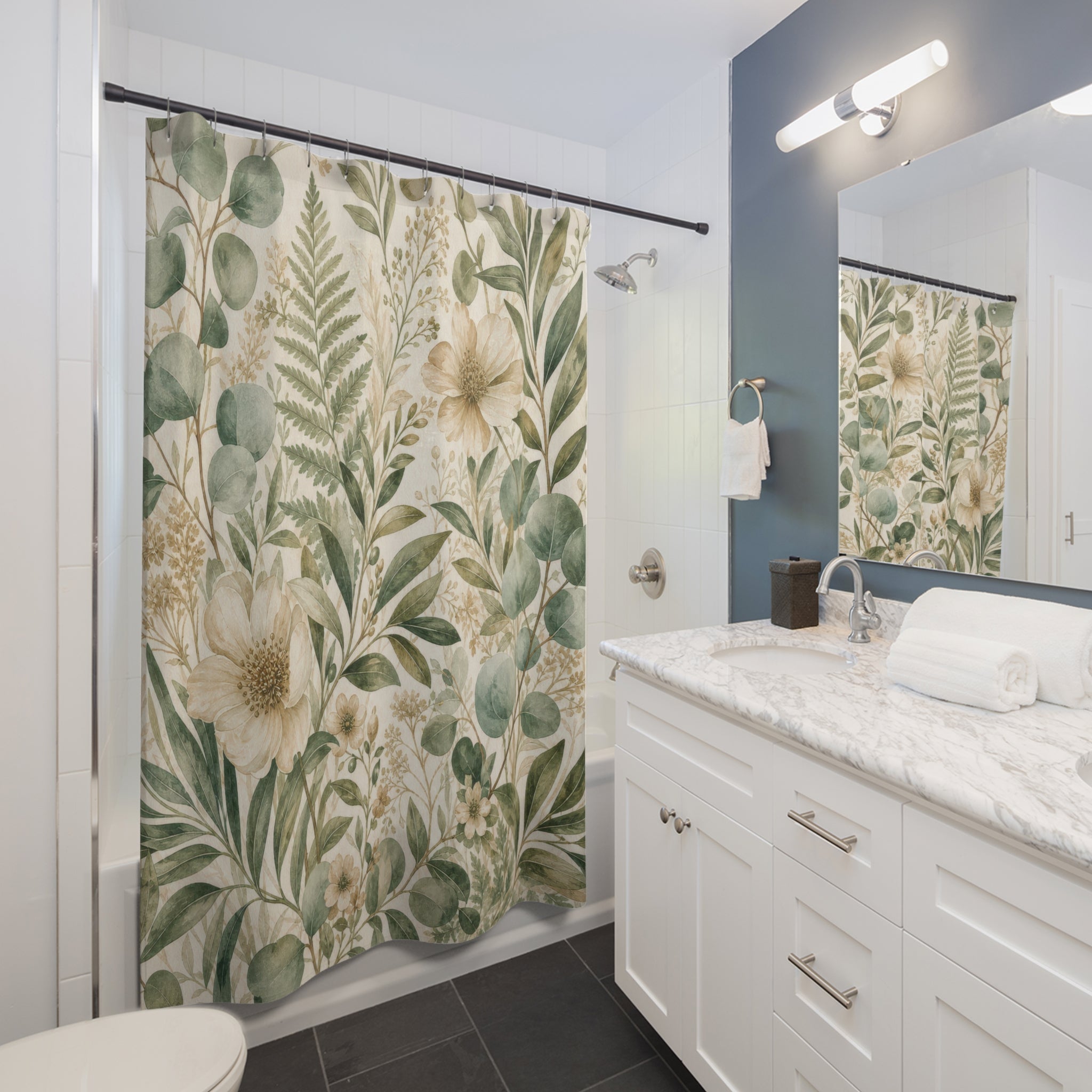 Green and Beige Shower Curtain: Botanical Leaf Pattern