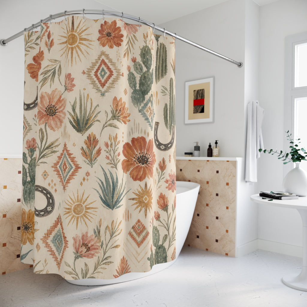 Painterly Western Boho Shower Curtain, Desert Floral Bath Decor, Terracotta Turquoise Sunburst Pattern, Rustic Guest Bathroom Decor