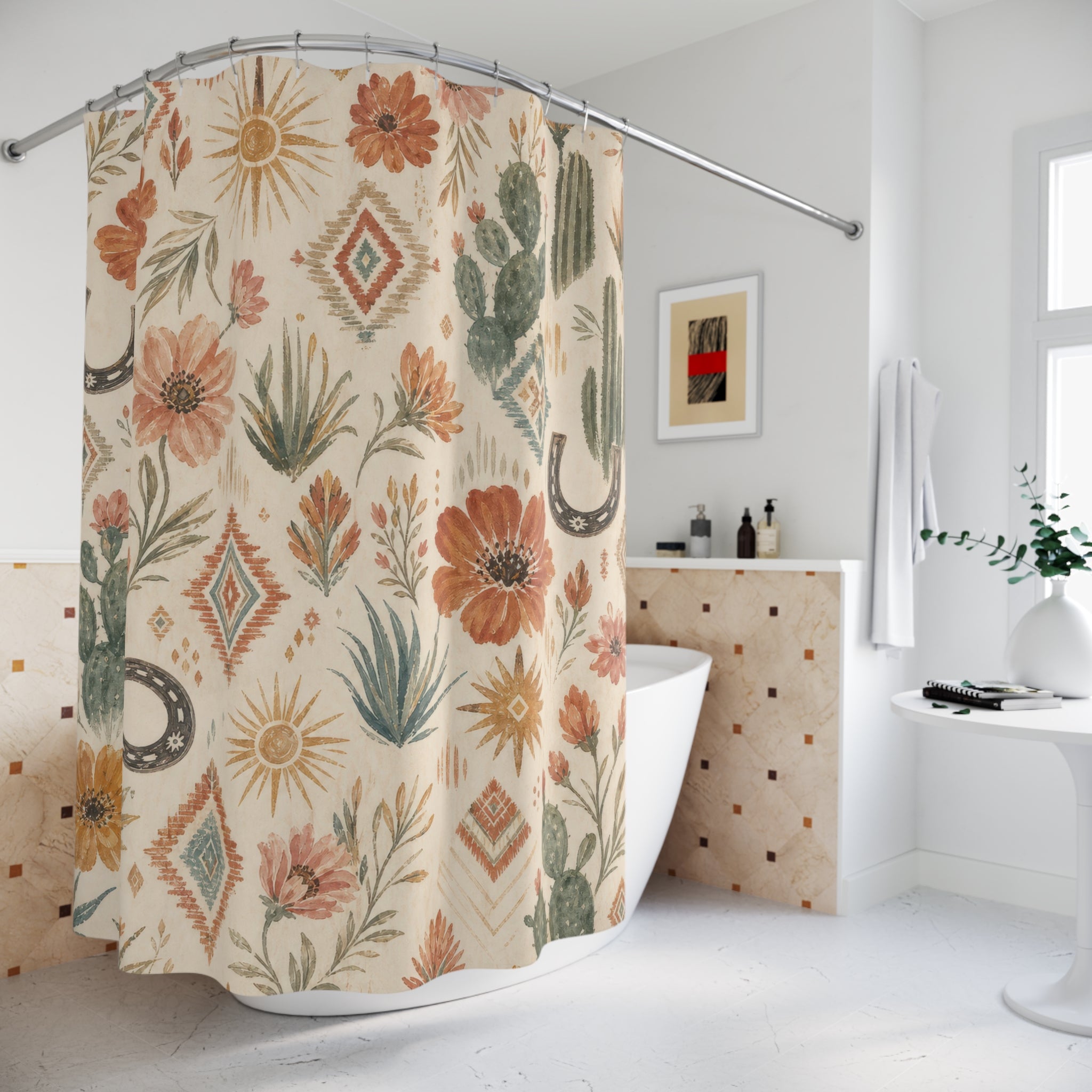 Painterly Western Boho Shower Curtain, Desert Floral Bath Decor, Terracotta Turquoise Sunburst Pattern, Rustic Guest Bathroom Decor