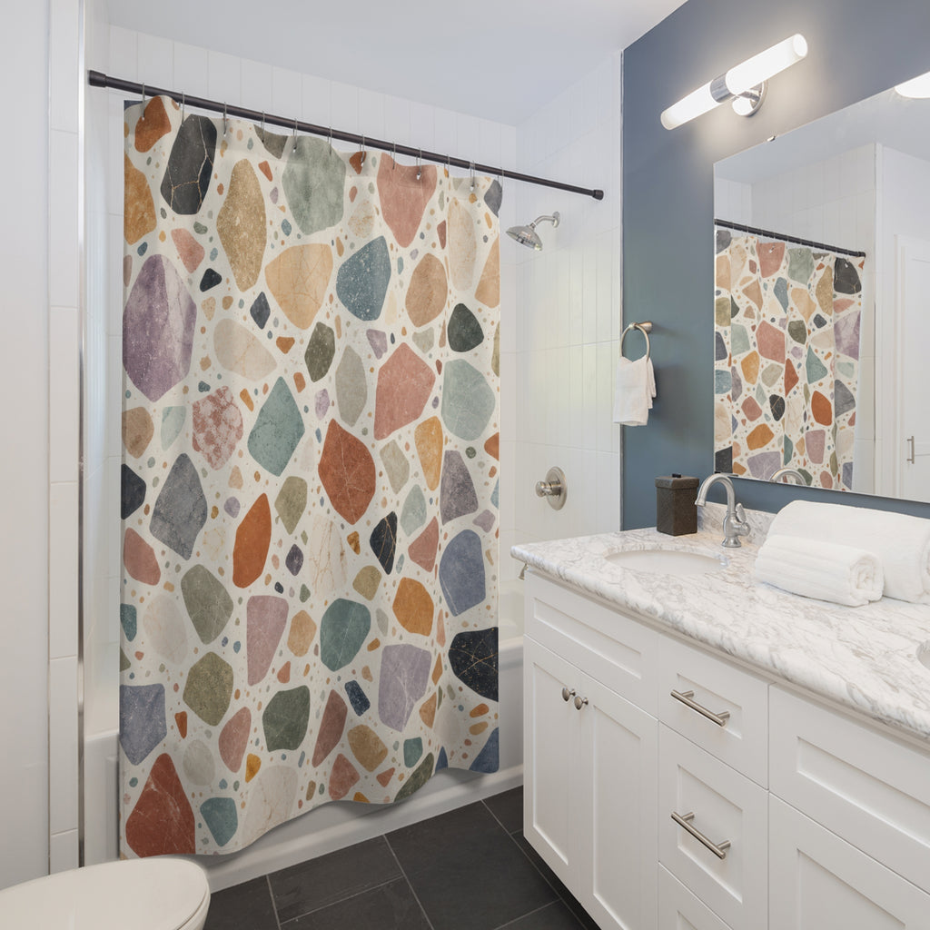 Unique Terrazzo Shower Curtain, Modern Multicolor Stone Chip Pattern, Cream Rust Blue Bathroom Decor, Graphic Guest Bath, Apartment Style